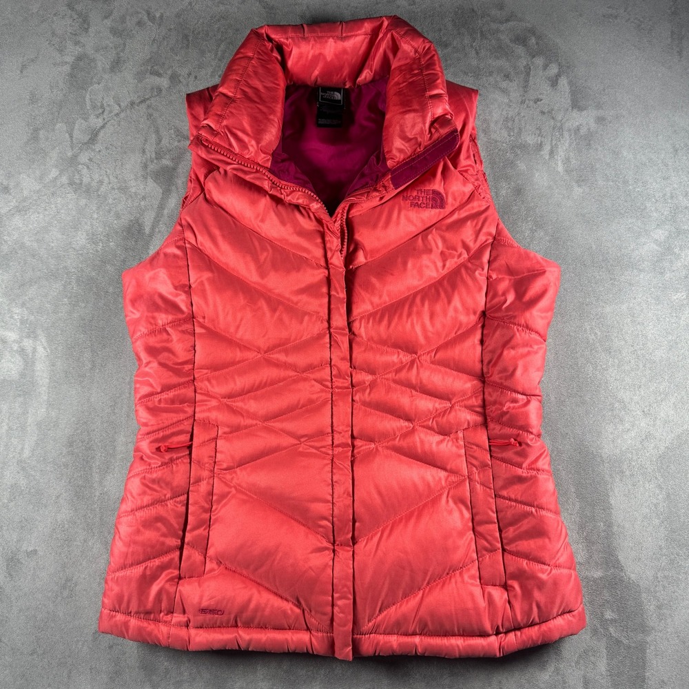 The North Face Womens 550 Down Puffer Vest Coral Pink Quilted Full Zip Medium